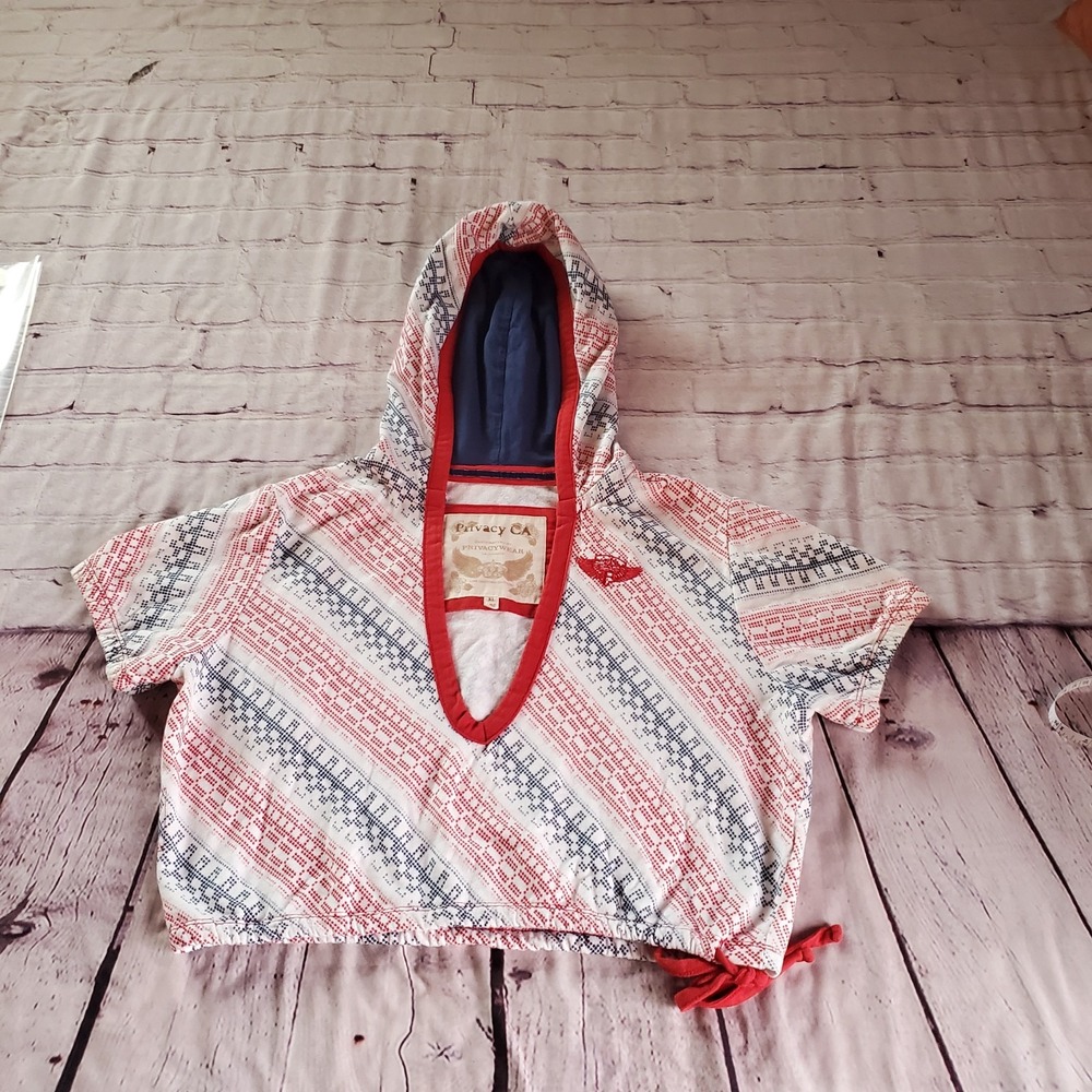 Crop Short Sleeve Hoodie Red Geometric Print Pullover Deep V-neck Drawstring XL